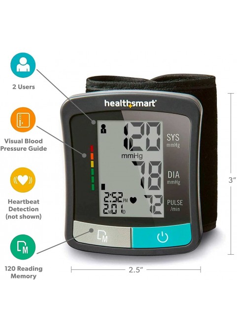 HealthSmart Digital Blood Pressure Monitor with Automatic Wrist Cuff that Displays Blood Pressure, Pulse Rate and Irregular Heartbeat, Stores up to 120 Readings for 2 Users, Black