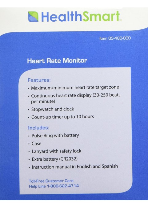 HealthSmart Sports Pulse Ring Heart Rate Monitor, Stopwatch and Clock, Includes Lanyard, Blue